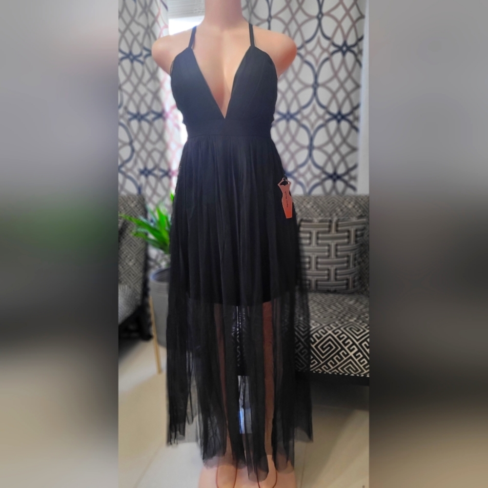 COPY - Plunging Neck Crisscross Maxi Tulle Dress. Avail in Black (pictured) &…